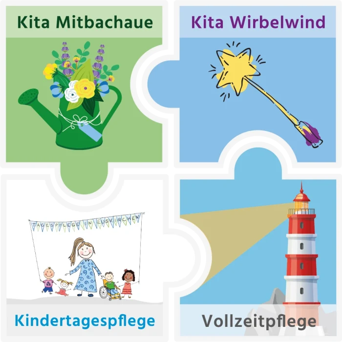 Unsere vier Teams: Kita Mitbachaue, Kita Wirbelwind, Kindertagespflege und Vollzeitpflege